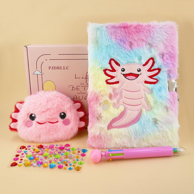 PJDRLLC Axolotl Diary with Lock, Gift for 8 9 10 Year Old Girl, Secret Diary Journal Notebook with Coin Purse, Multicolored Pen, Stickers, Practical Gift for Birthday Christmas - Image 3
