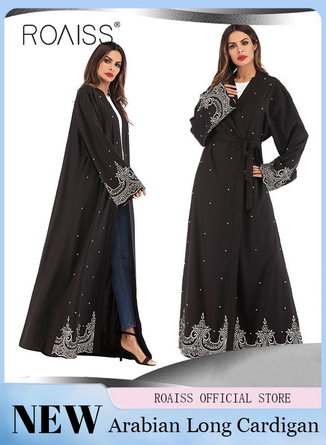 roaiss Ladies Robe Embroidered Beaded Arabian Long Cardigan Long Sleeve Solid Color Waist Dress - Image 1