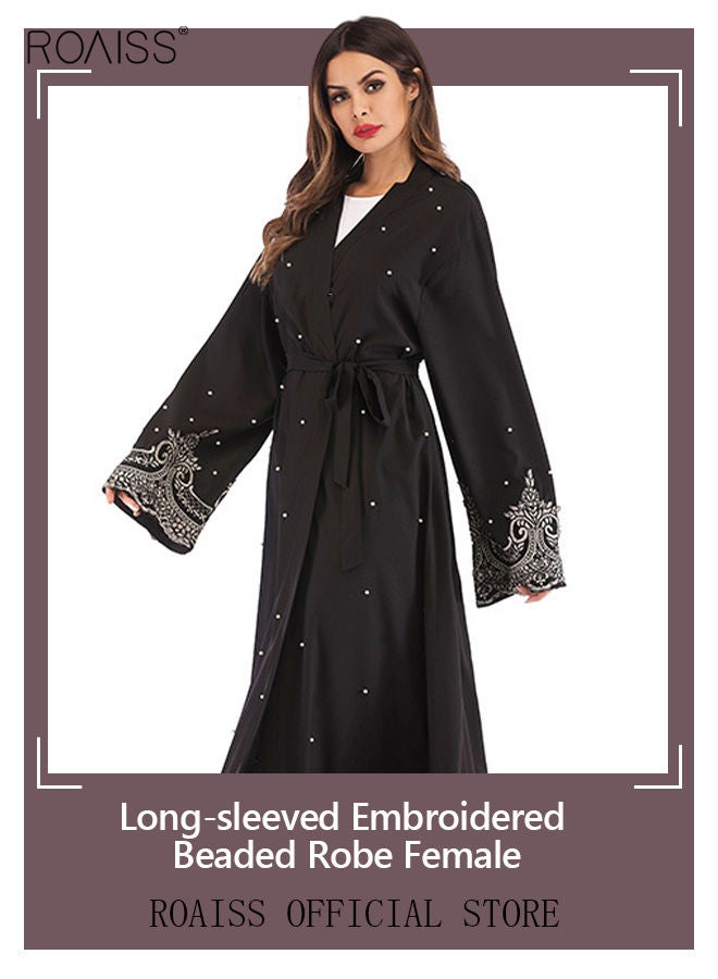 roaiss Ladies Robe Embroidered Beaded Arabian Long Cardigan Long Sleeve Solid Color Waist Dress - Image 5