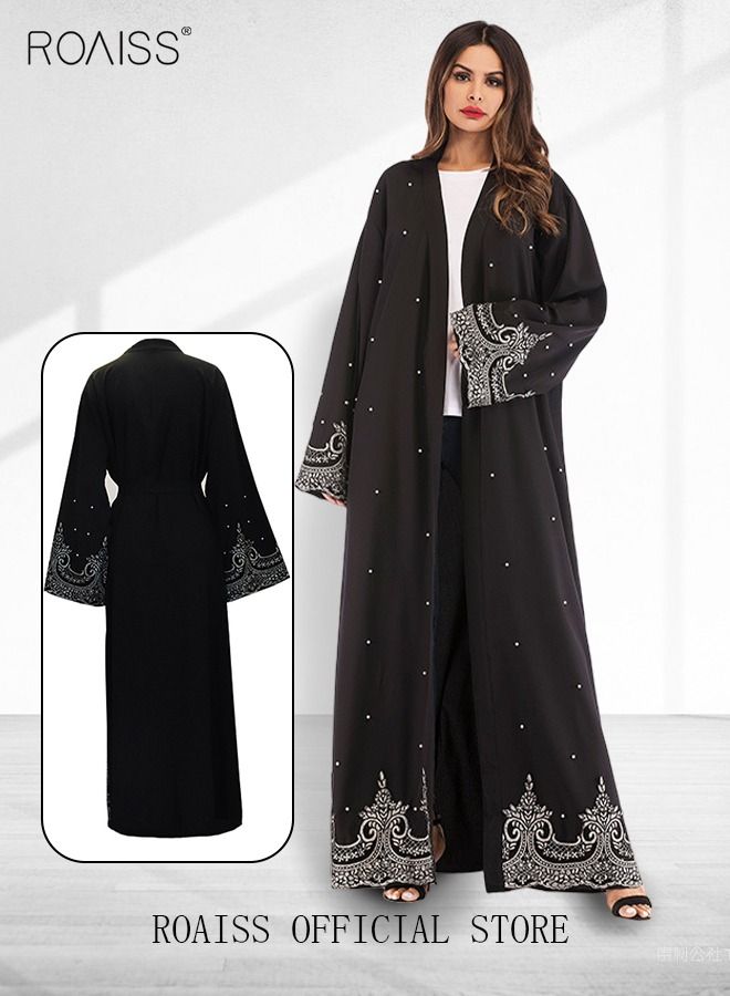 roaiss Ladies Robe Embroidered Beaded Arabian Long Cardigan Long Sleeve Solid Color Waist Dress - Image 3