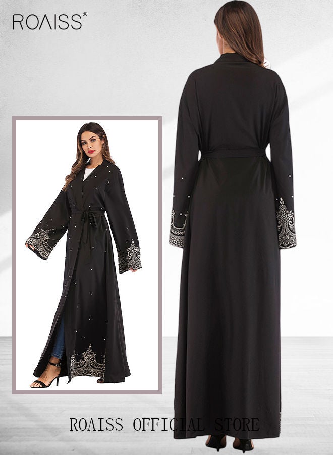 roaiss Ladies Robe Embroidered Beaded Arabian Long Cardigan Long Sleeve Solid Color Waist Dress - Image 2