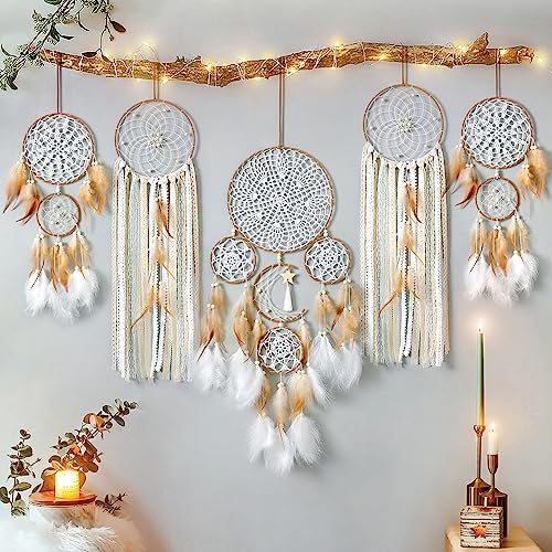 LOMOHOO 5 Pack Dream Catcher Moon and Sun Design Boho Wall Hanging Decor Handmade Traditional Feathers Dream Catchers for Kids Bedroom Living Home Decoration(Brown) - Image 1
