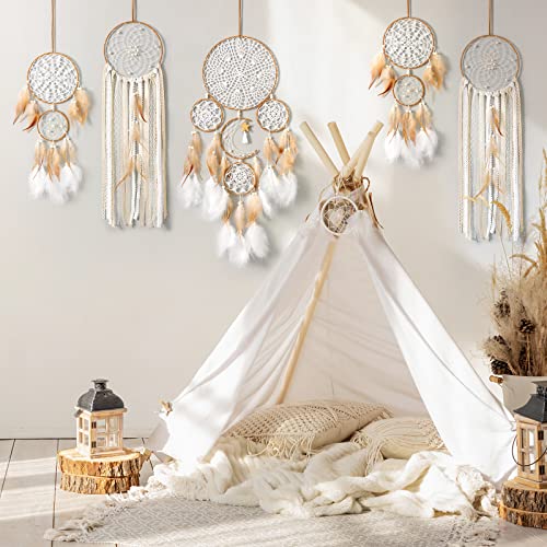LOMOHOO 5 Pack Dream Catcher Moon and Sun Design Boho Wall Hanging Decor Handmade Traditional Feathers Dream Catchers for Kids Bedroom Living Home Decoration(Brown) - Image 2