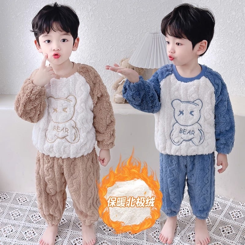 Boys Warm Bear Thickened Coral Fleece Home Clothes Childrens Flannel Pajamas Cartoon Autumn and Winter Blue suit Blue 