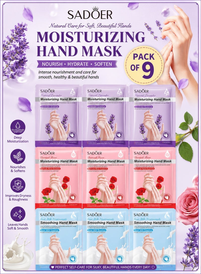 SADOER Set Of 9 Moisturizing Smoothing Hand Mask | Natural Lavender | Damask Rose | Goat Milk Nicotinamide | Hands Are Soaked In The Essence | Makes Your Skin Soft And Supple - Image 1