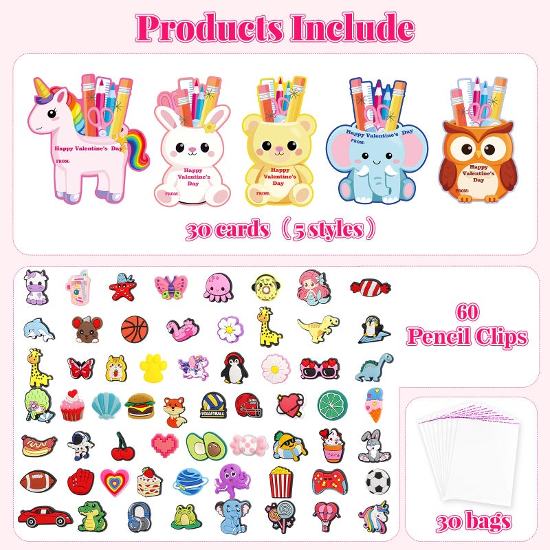 AYGXU Valentines gifts for kids school-60pcs pencil toppers for kids bulk with 30 valentines cards,Pencil Clips Charms,exchange gifts for students,classroom rewards prizes - Image 2