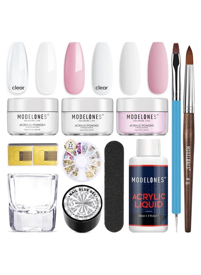 modelones Acrylic Nail Kit Clearwhitepink Acrylic Powder And Liquid Set With Rhinestone Glue Acrylic Nail Brush Unified Combo Starter Kit For Acrylic Nail Extension Beginner  - Image 1