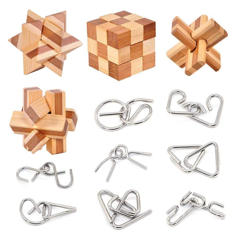 Buootooy Bamboo 3D Puzzle Metal Brain Teasers Puzzles Mind Game Toys Set for Teens and Adults Pack of 12pcs - Image 2