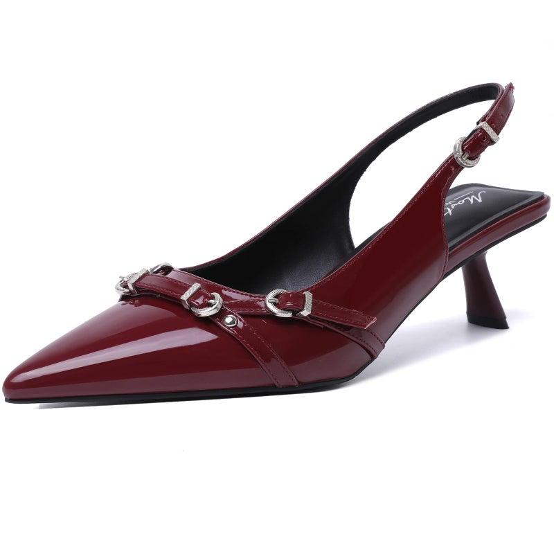 Mostrin Red Slingback Kitten Heels Pointed Toe Pumps Patent Leather Low Heel Dress Shoes for Dating Party Working Size 7 - Image 1
