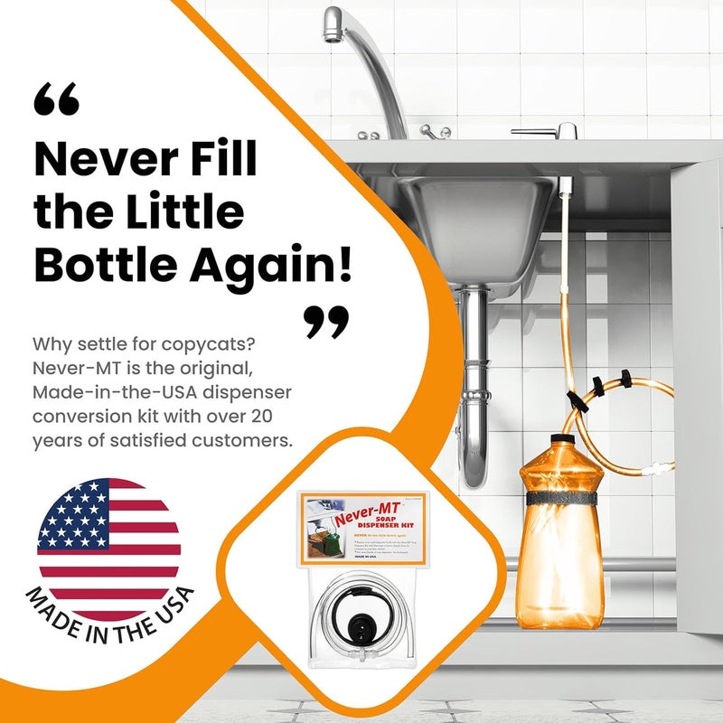 Never-MT The Original Soap Dispenser Conversion Kit - Made in The USA - Kitchen Sink Extension Tube Kit - Never Fill The Little Bottle Again! - Image 2