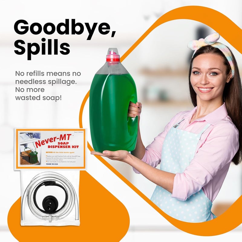 Never-MT The Original Soap Dispenser Conversion Kit - Made in The USA - Kitchen Sink Extension Tube Kit - Never Fill The Little Bottle Again! - Image 5