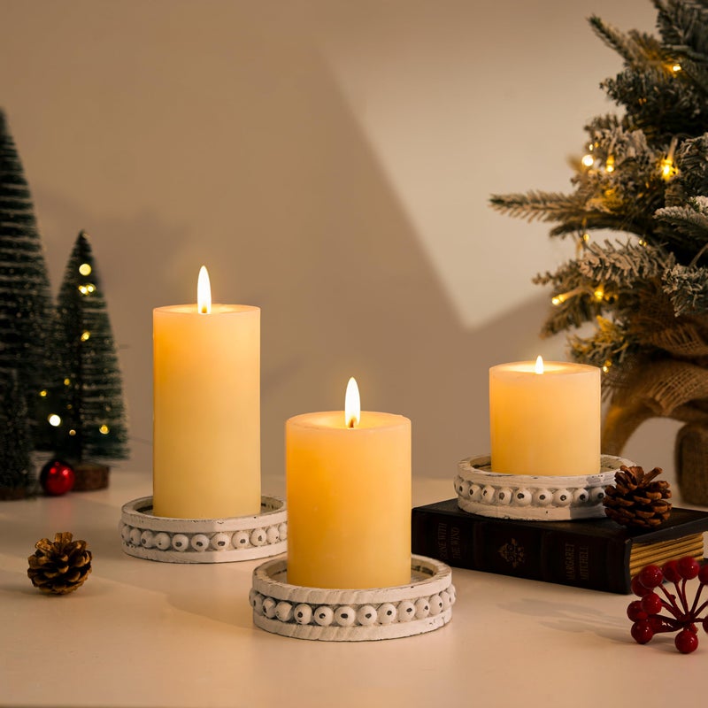 Hanobe Candle Holder for Pillar Candles: Set of 3 Rustic Farmhouse Wooden Candlestick Holders - Whitewashed Candle Stand for Table Centerpieces Fireplace Mantel Home Decor - Image 4