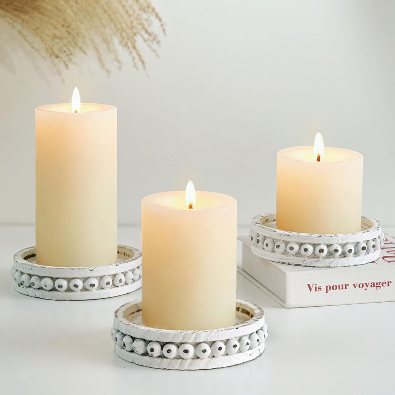 Hanobe Candle Holder for Pillar Candles: Set of 3 Rustic Farmhouse Wooden Candlestick Holders - Whitewashed Candle Stand for Table Centerpieces Fireplace Mantel Home Decor - Image 1