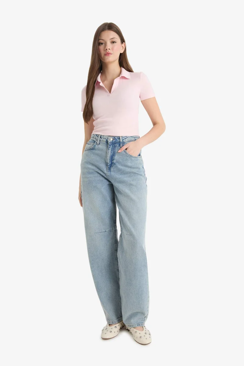 ديفاكتو Fitted Polo Neck Ribbed Camisole Short Sleeve T-Shirt