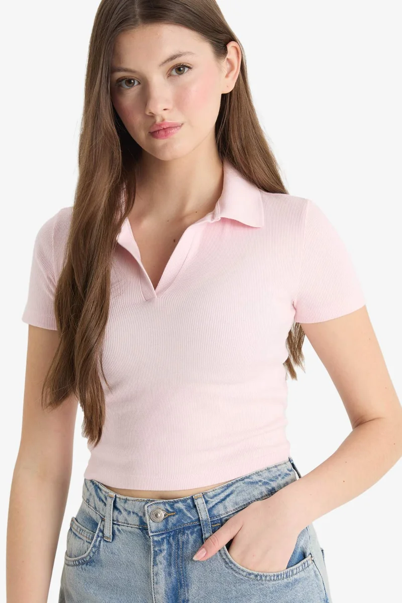 ديفاكتو Fitted Polo Neck Ribbed Camisole Short Sleeve T-Shirt