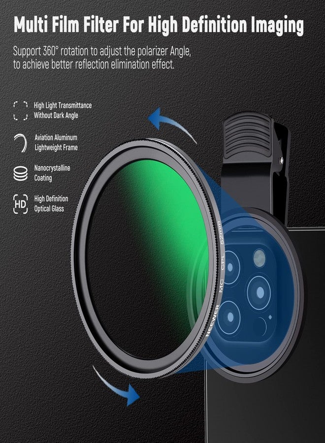 NEEWER 52mm CPL Filter for Phone, Clip On Circular Polarizing Lens Filter with Phone Clip, Storage Case & Cleaning Cloth, Compatible with iPhone Samsung Galaxy Android DSLR Camera, FL-26 - Image 3