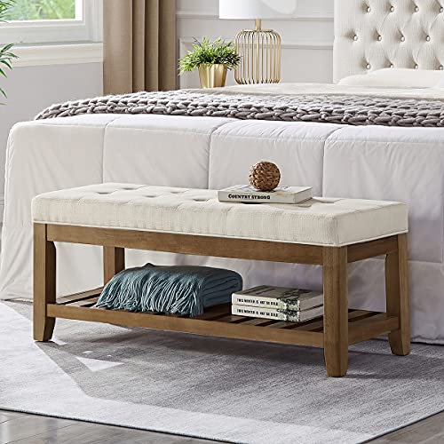 24KF Large Rectangular Upholstered Tufted Linen Ottoman Bench Padded Bench with Solid Wood ShelfIvory