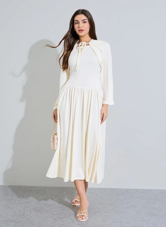 ستايلي Beige Pleated Detail A-Line Midi Dress with Bolero Set