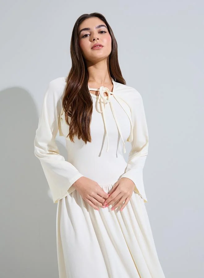 ستايلي Beige Pleated Detail A-Line Midi Dress with Bolero Set
