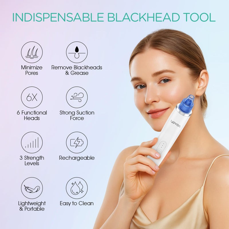 VOYOR Blackhead Remover Pore Vacuum - Electric Face Vacuum Pore Cleaner Acne White Heads Removal with 6 Suction Heads (BR410) - Image 2