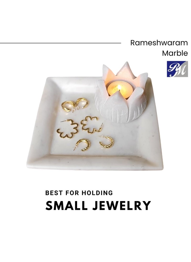 R&M - RM Square Marble Plate Tray for Decoration | Marble Flower Bowl | Vase Filler Pebbles | Center Table Bowl | Marble Bowl for Decoration | Marble Bowl for Puja | Candle Holder Bowl - Image 1