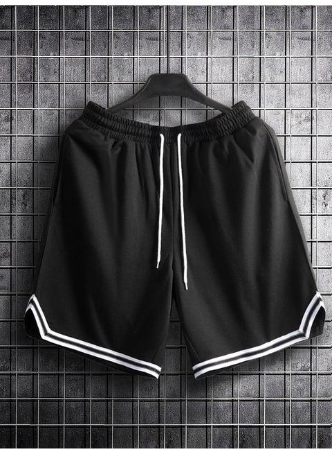 Men's Black Basketball Shorts Athletic Striped Half Pants Elastic Waist Drawstring Gym Activewear