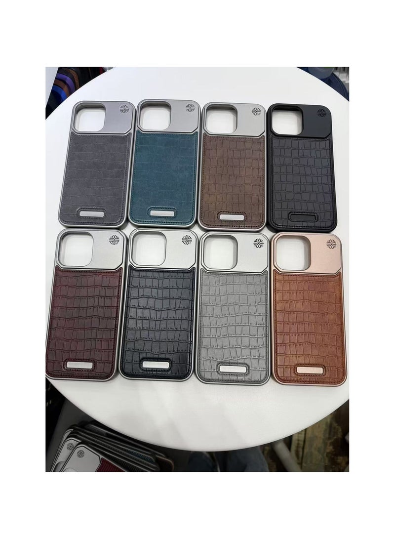 جراب iPhone 16pro max مصنوع من سبائك الألومنيوم المعدني بنقشة جلد التمساح بدون حواف مع خاصية الشفط المغناطيسي للعلاج العطري (بني غامق) - Image 2