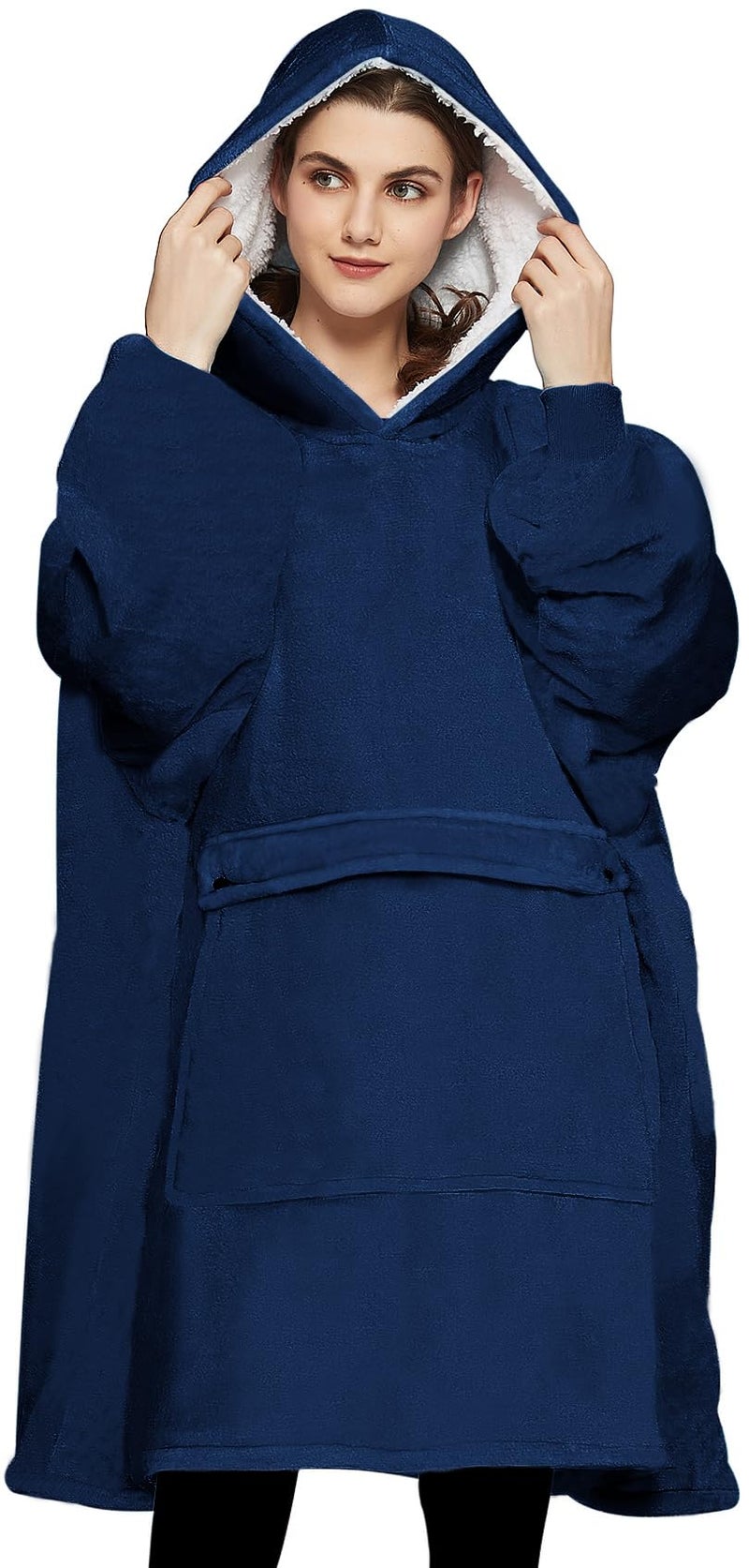 KFUBUO Wearable Blanket Hoodie for Adults Sherpa All Patterns Oversized Sweatshirt Blanket with Pockets Gifts for Mom Navy
