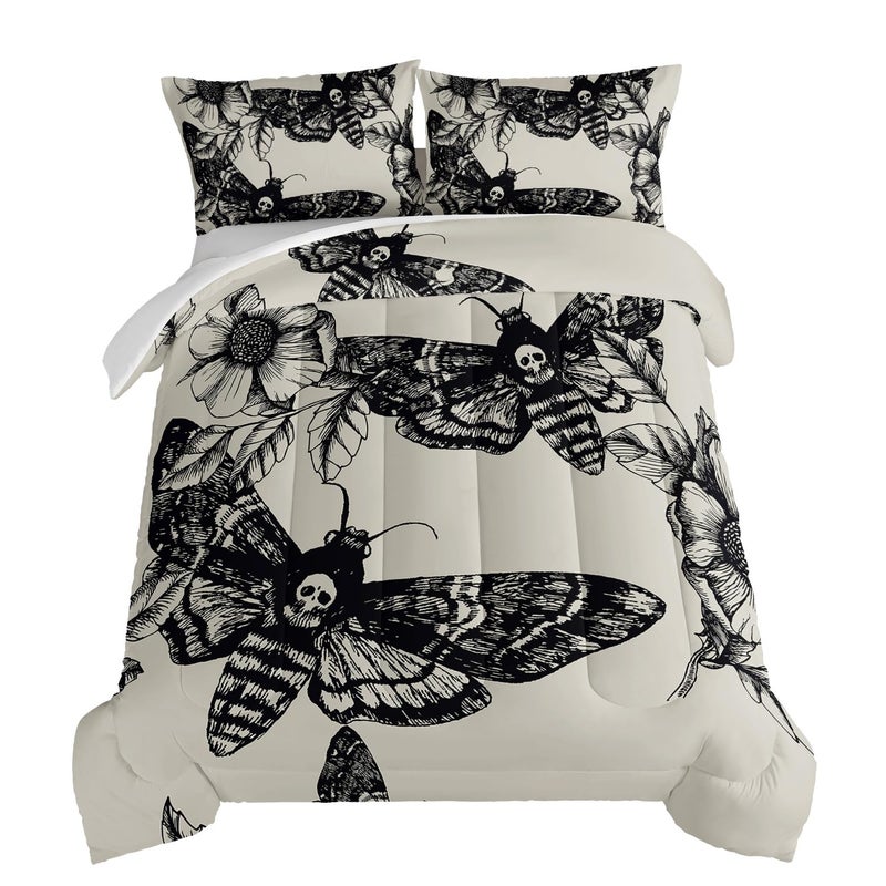 HOSIMA Gothic Decor Comforter SetDeath Moth Skull Heads Pattern Halloween Bed Set Queen Size for Boys Room Decor Twin Bed in a Bag for Teens with 2 Pillowcases