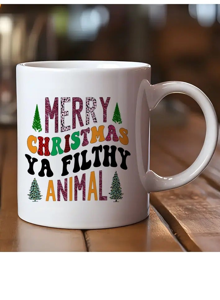 RYN 1pc Christmas Themed Ceramic Mug, 11oz Double-Sided "Merry Christmas Ya Filthy Animal" Design Coffee Cup, Novelty Drinkware, Suitable for All Seasons, with Ideal for Christmas and New Year'S Gift, - Image 1
