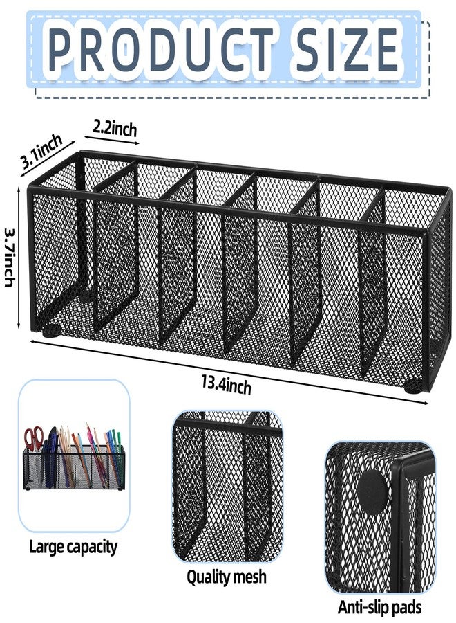 Teling 2 Pcs Mesh Desk Organizer Metal Mesh Pen Holder 6 Compartments Desktop Stationery Pencil Caddy Organizer Basket(Black) - Image 2