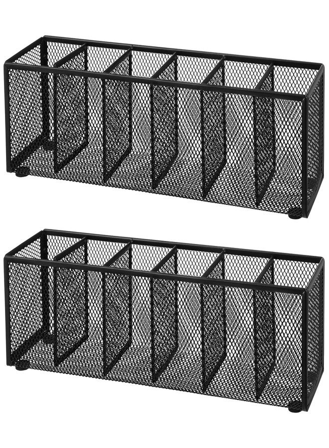 Teling 2 Pcs Mesh Desk Organizer Metal Mesh Pen Holder 6 Compartments Desktop Stationery Pencil Caddy Organizer Basket(Black) - Image 1