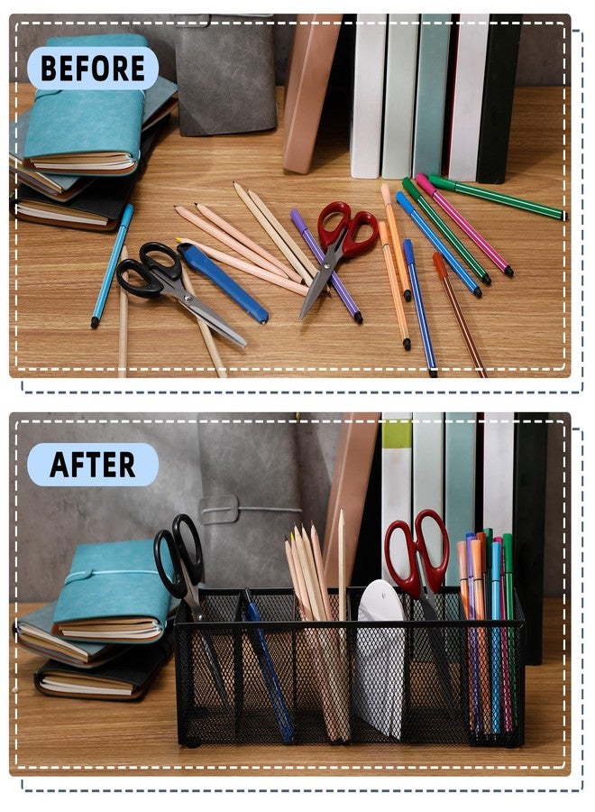Teling 2 Pcs Mesh Desk Organizer Metal Mesh Pen Holder 6 Compartments Desktop Stationery Pencil Caddy Organizer Basket(Black) - Image 3