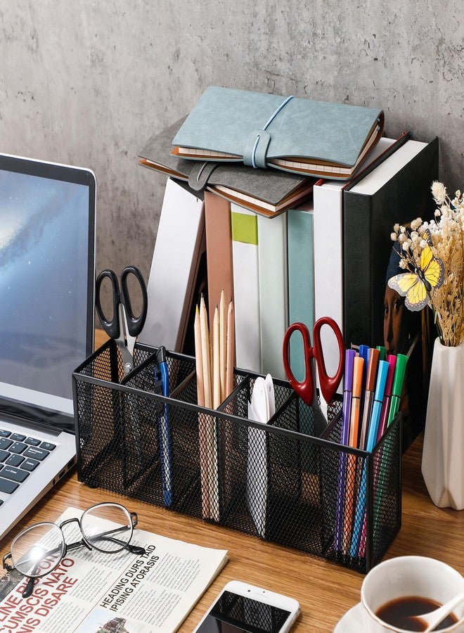 Teling 2 Pcs Mesh Desk Organizer Metal Mesh Pen Holder 6 Compartments Desktop Stationery Pencil Caddy Organizer Basket(Black) - Image 4
