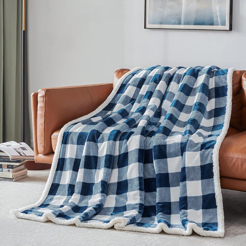 Touchat Sherpa Plaid Twin Blanket 60" X 70", Fuzzy Fluffy Soft Cozy Throw Blanket, Twin Size Plush Fleece Flannel Plush Microfiber Blanket for Couch Bed Sofa (Navy) - Image 2