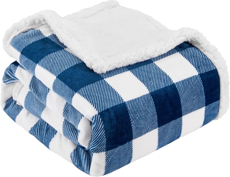Touchat Sherpa Plaid Twin Blanket 60" X 70", Fuzzy Fluffy Soft Cozy Throw Blanket, Twin Size Plush Fleece Flannel Plush Microfiber Blanket for Couch Bed Sofa (Navy) - Image 1