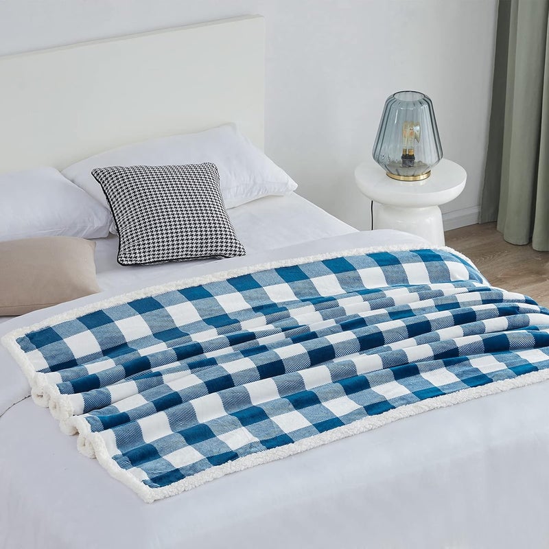 Touchat Sherpa Plaid Twin Blanket 60" X 70", Fuzzy Fluffy Soft Cozy Throw Blanket, Twin Size Plush Fleece Flannel Plush Microfiber Blanket for Couch Bed Sofa (Navy) - Image 5