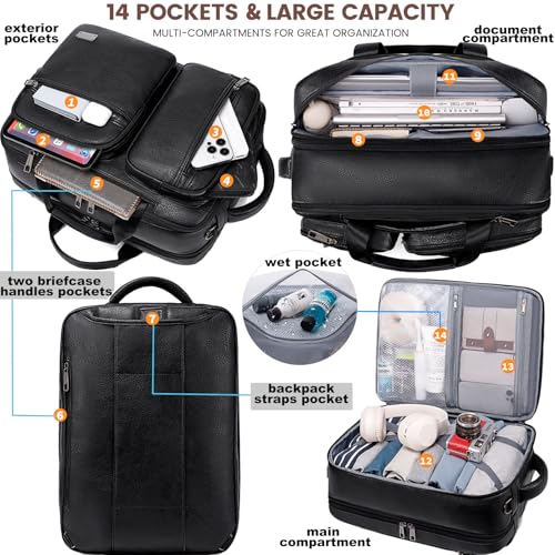 weiatas 3-in-1 Vegan Leather Convertible Laptop Bag for Men Women, 15.6 Inch Waterproof Expandable Backpack, Computer Briefcase, Shoulder Messenger Bag & Weekend Bag for Business Travel Work (Black) - Image 3