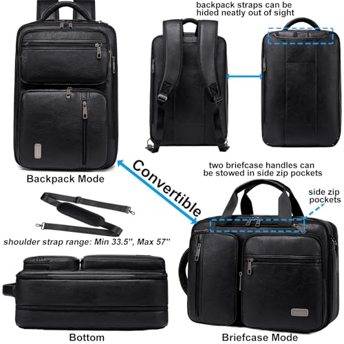 weiatas 3-in-1 Vegan Leather Convertible Laptop Bag for Men Women, 15.6 Inch Waterproof Expandable Backpack, Computer Briefcase, Shoulder Messenger Bag & Weekend Bag for Business Travel Work (Black) - Image 5