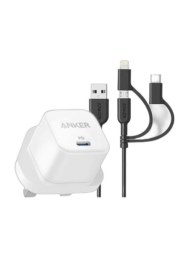 Anker USB C Plug, 20W USB C Charger - Fast Charging PowerPort III Cube Charger, Compatible with iPhone 17/17 Plus/17 Pro/17 Pro Max, 16/15/14/13 Series, Samsung Galaxy S26/S25/S24, iPad (White) White & Anker PowerLine II 3-in-1 Cable, Lightning/Type C/Micro USB Cable for iPhone 17/16/15/14 Series, iPad, HTC, LG, Samsung Galaxy S 26/25/24 Series, Sony Xperia, Android Smartphones, and More(0.9M,12W) Black Bundle - Image 1