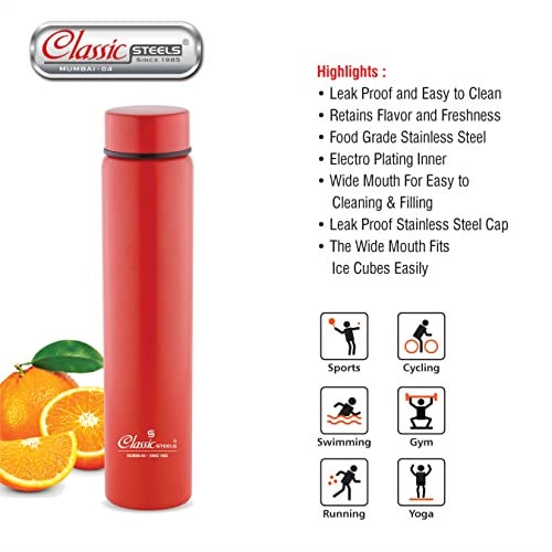 Classic Steels Super Slim Single Wall Stainless Steel Water Bottle 500 ml - Leak-Proof, Lightweight Ideal for Office, Gym, School, Travel, Kitchen, Sports, Red Water Bottle - Image 4