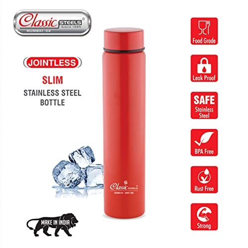 Classic Steels Super Slim Single Wall Stainless Steel Water Bottle 500 ml - Leak-Proof, Lightweight Ideal for Office, Gym, School, Travel, Kitchen, Sports, Red Water Bottle - Image 3