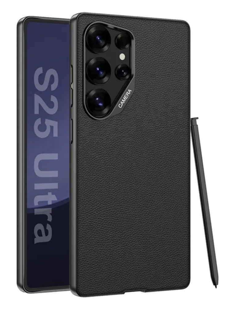 غطاء هاتف لـ Samsung Galaxy S25 Ultra، غطاء واقي مضاد للصدمات من الجلد الصناعي الممتاز مع إطار معدني - Image 1
