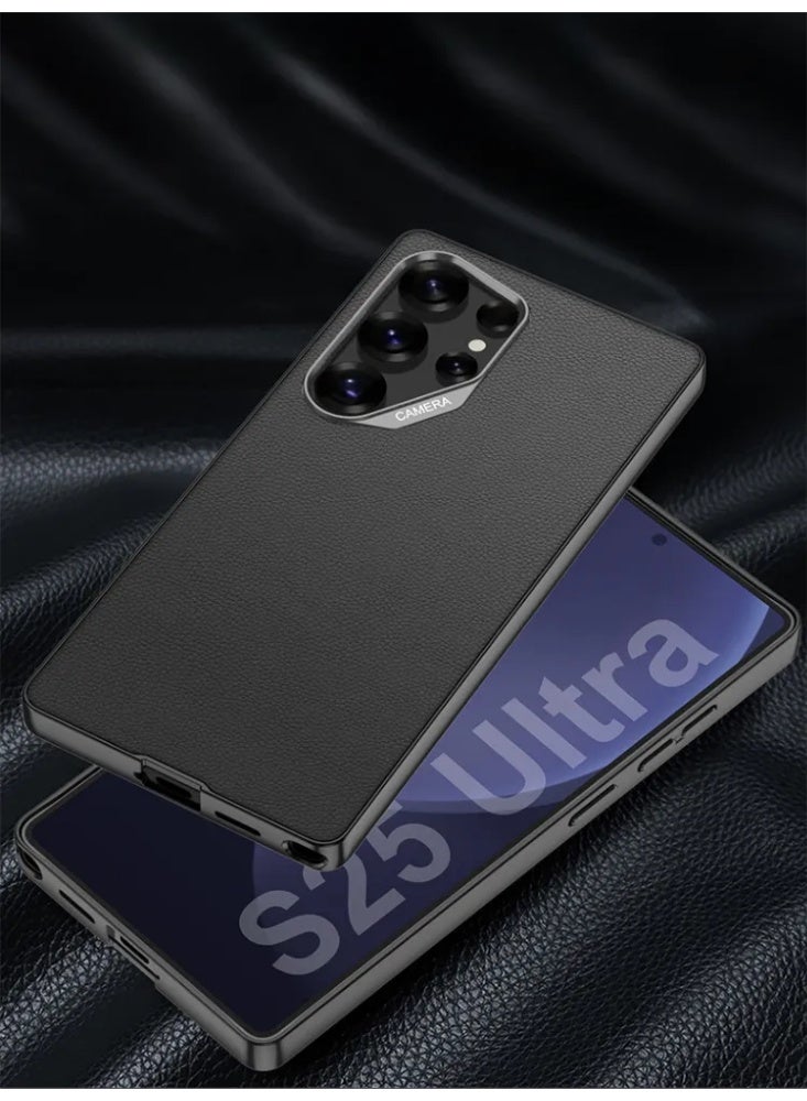 غطاء هاتف لـ Samsung Galaxy S25 Ultra، غطاء واقي مضاد للصدمات من الجلد الصناعي الممتاز مع إطار معدني - Image 2