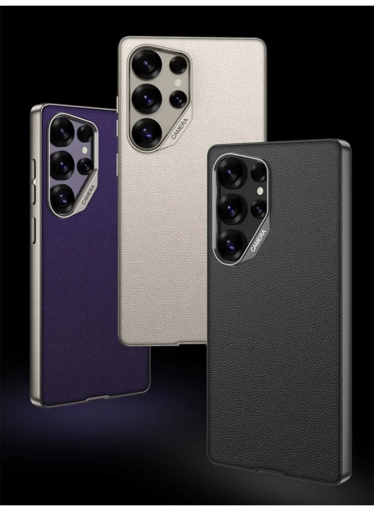 غطاء هاتف لـ Samsung Galaxy S25 Ultra، غطاء واقي مضاد للصدمات من الجلد الصناعي الممتاز مع إطار معدني - Image 3