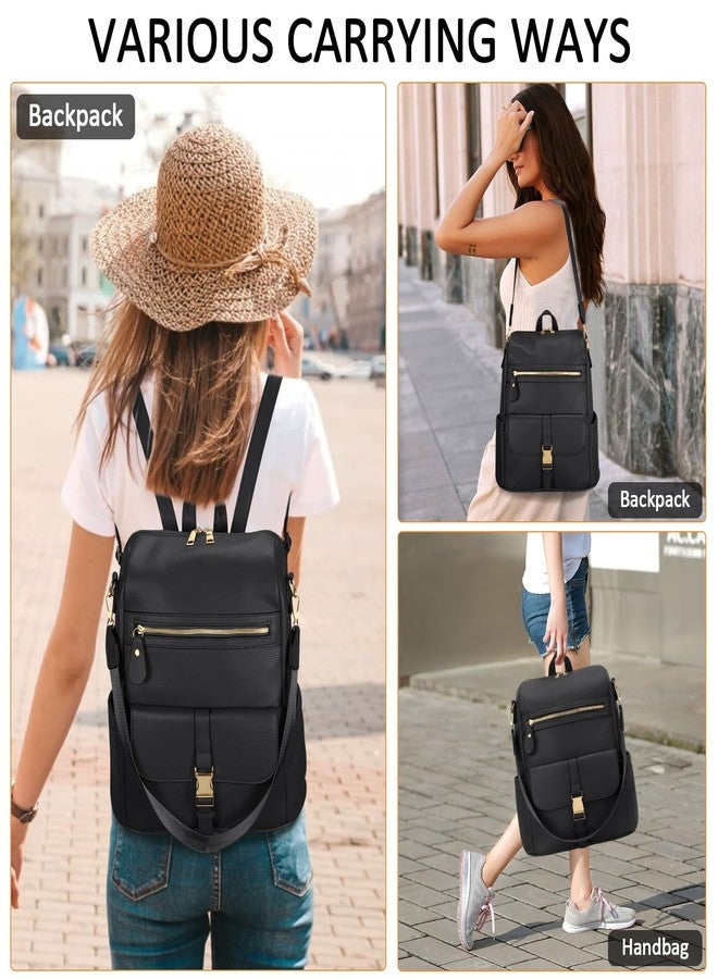 KKXIU Backpack Purse for Women - Multi-pocket Leather backpack for Travel, Work & School with Anti-Theft Lock Pocket, Luggage Strap & Water Bottle Pockets - 13x14x5.2 Inch, 1.67lb (Black) - Image 3