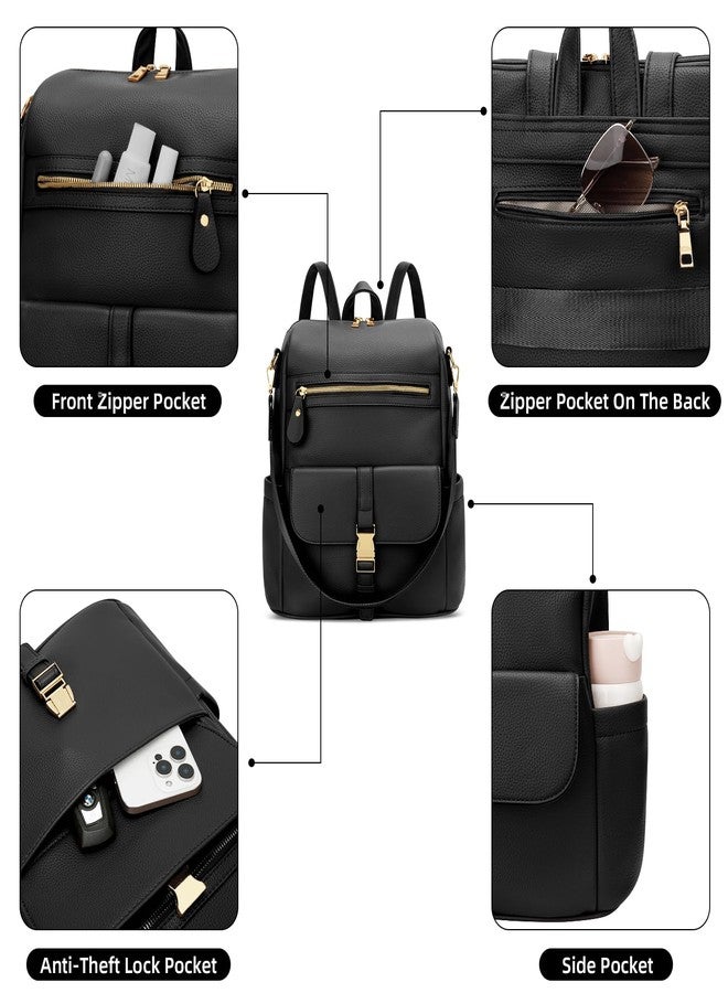 KKXIU Backpack Purse for Women - Multi-pocket Leather backpack for Travel, Work & School with Anti-Theft Lock Pocket, Luggage Strap & Water Bottle Pockets - 13x14x5.2 Inch, 1.67lb (Black) - Image 4