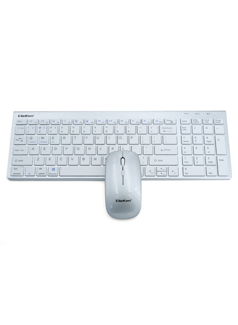 ElieKen Wireless Keyboard Mouse Combo,Compact Full Size Wireless Keyboard and Mouse Set 2.4G And Bluetooth Three Mode,Ultra Thin And Ultra Quiet Profile Design For Windows,Computer,Desktop,PC,Silver White Silver White - Image 1