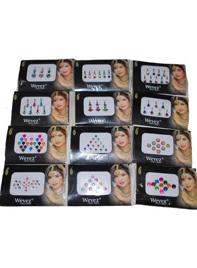 Wevez 12 Pack Indian Art Bollywood Reuseable Bindi Self Adhesive Body Stickers/Tattoo - Image 1
