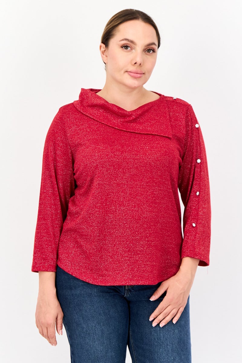ADRIENNE VITTADINI بلوزة معدنية ذات ياقة مزيفة بأكمام 3/4 للنساء، حمراء - Image 1
